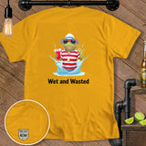 Yellow t-shirt with cartoon frog holding drink, text 