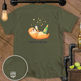 Olive green t-shirt with an otter holding champagne, text 