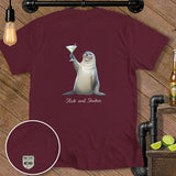 Maroon t-shirt with a seal holding a martini glass and text 