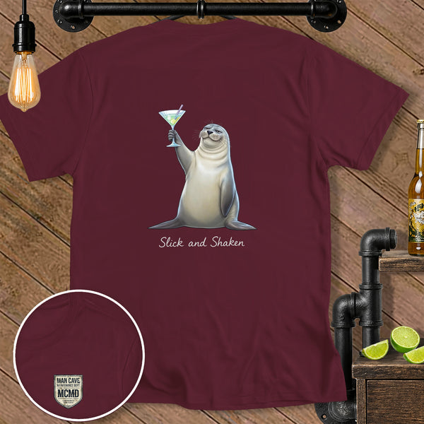 Maroon t-shirt with a seal holding a martini glass and text "Slick and Shaken".