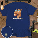 Navy t-shirt with a cartoon camel wearing sunglasses and holding a mug, text 