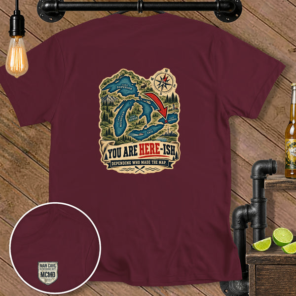 Maroon t-shirt with Great Lakes map graphic and text "YOU ARE HERE-ISH".