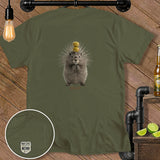 Green t-shirt with a porcupine impaled by olives and the word 