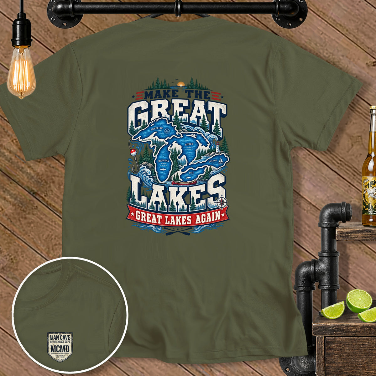 Olive green t-shirt with "Make the Great Lakes Great Lakes Again" text and Great Lakes graphic.