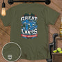 Olive green t-shirt with "Make the Great Lakes Great Lakes Again" text and Great Lakes graphic.