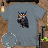 Gray t-shirt with a detailed illustration of an owl holding a martini glass.