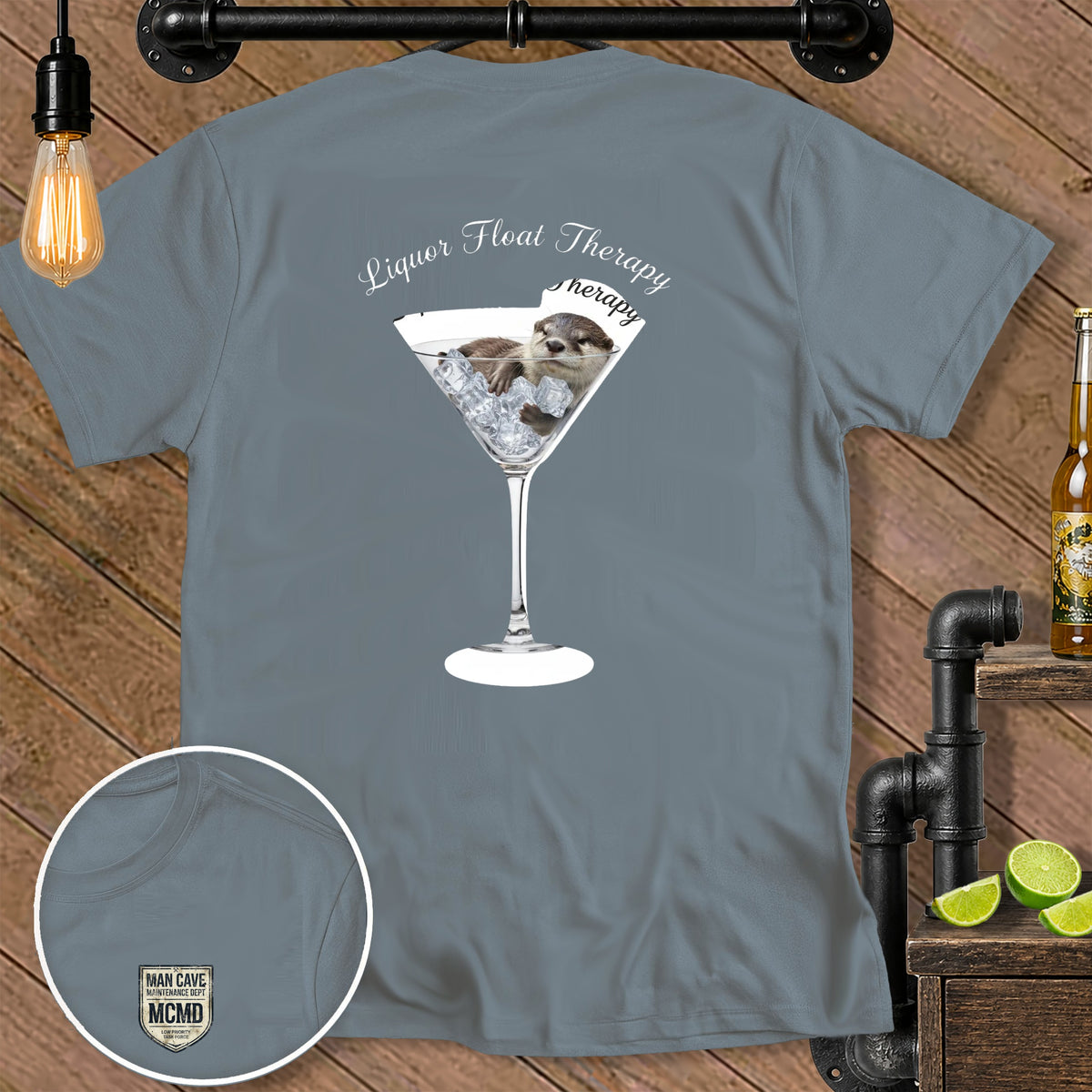 Grey t-shirt with otter in martini glass and "Liquor Float Therapy" text.