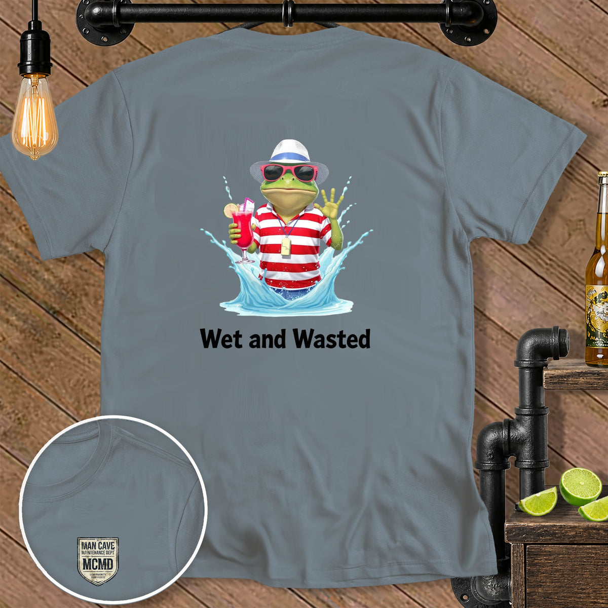T-shirt with cartoon frog holding drink, text "Wet and Wasted," and small crest.