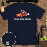 Navy t-shirt with hedgehog driving a red convertible, text 