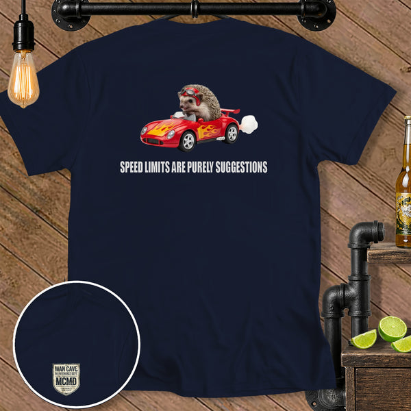 Navy t-shirt with hedgehog driving a red convertible, text "SPEED LIMITS ARE PURELY SUGGESTIONS".