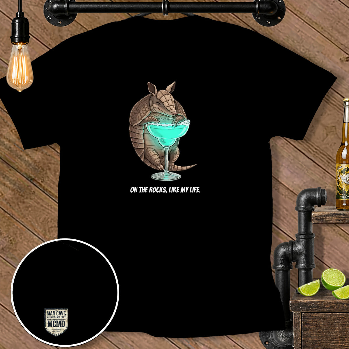 Armadillo holding a blue cocktail with text "On the rocks, like my life."