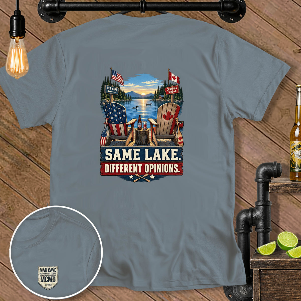 Two Adirondack chairs, one U.S. flag, one Canadian flag, with text "Same Lake. Different Opinions."
