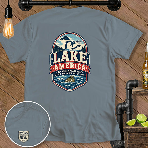 Grey t-shirt with "Lake America" graphic featuring the Great Lakes and a grumpy fish.