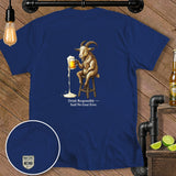 Goat holding a beer mug with text 