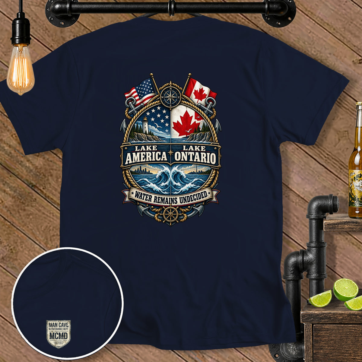 Navy t-shirt with crest featuring US and Canadian flags, lighthouse, city skyline, and waves.
