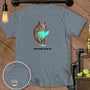Grey t-shirt with an armadillo holding a margarita and the text "On the rocks, like my life."