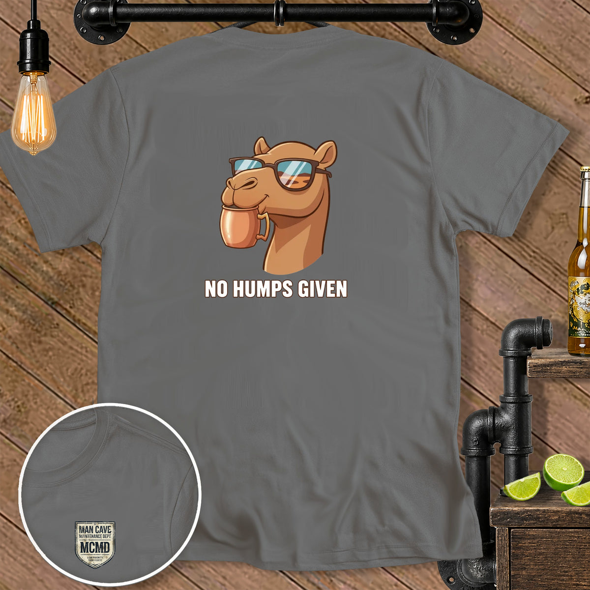 T-shirt with cartoon camel wearing sunglasses holding coffee mug and text "NO HUMPS GIVEN".