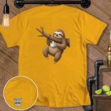 Yellow t-shirt with a cartoon sloth hanging on a branch holding a coffee cup.