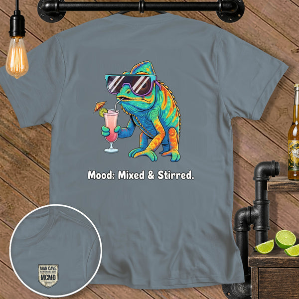 T-shirt with a colorful chameleon wearing sunglasses, holding a pink cocktail, and text "Mood: Mixed & Stirred."