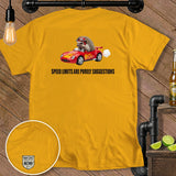Yellow t-shirt with a hedgehog driving a red sports car and the text 