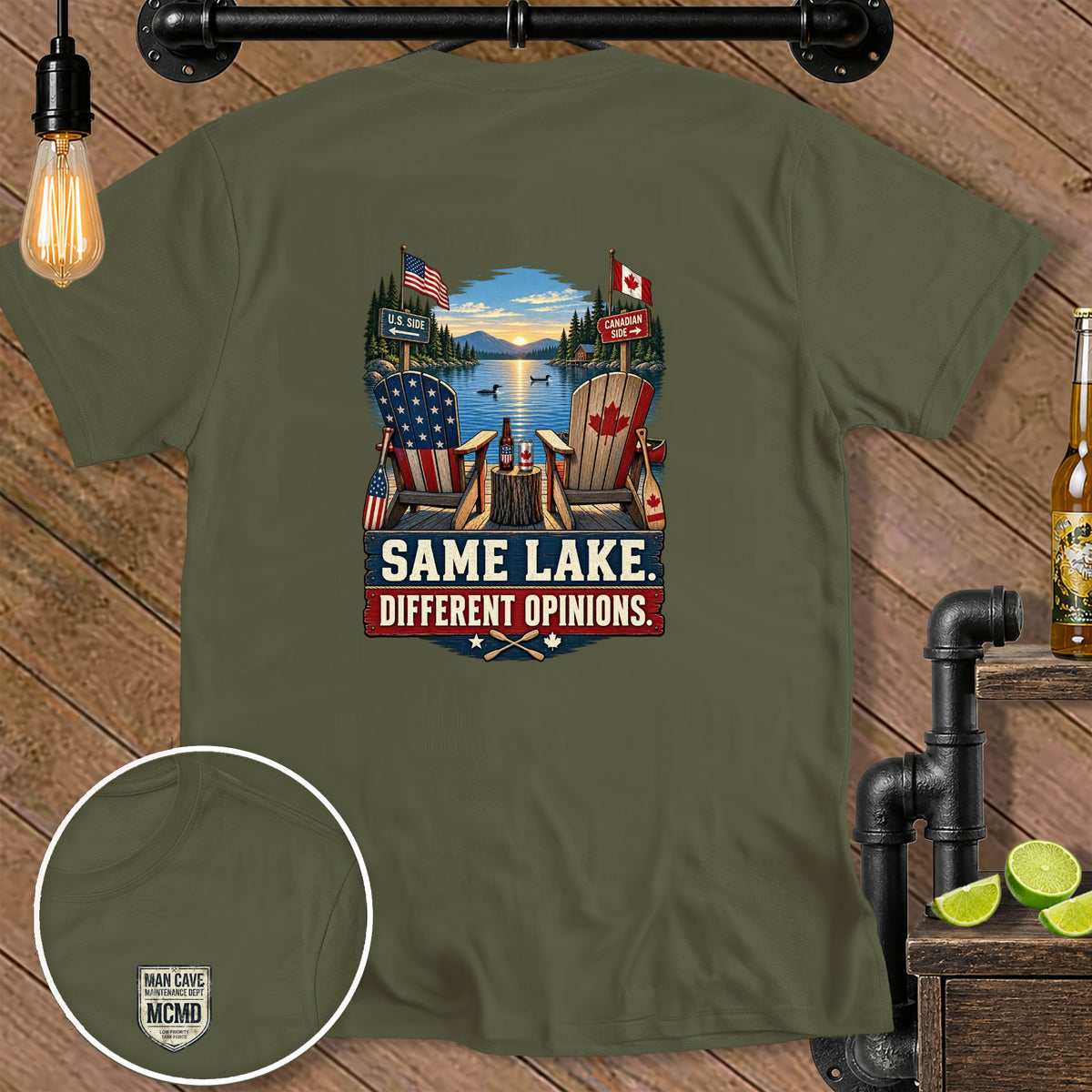 T-shirt with "Same Lake. Different Opinions." text and lake scene.