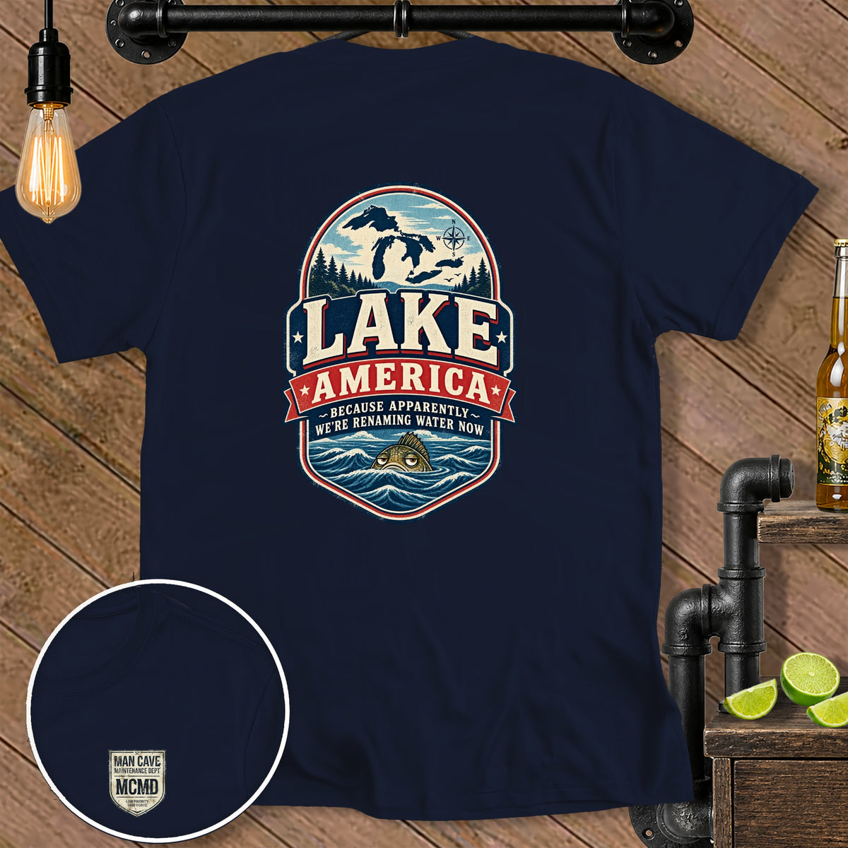 Navy t-shirt with "Lake America" graphic and a disgruntled fish.