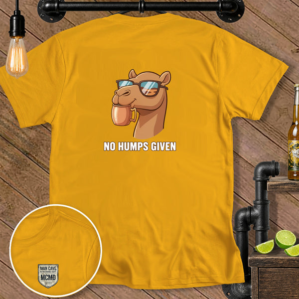 Yellow t-shirt with cartoon camel wearing sunglasses drinking from a mug and text "NO HUMPS GIVEN".