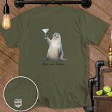 T-shirt with a seal holding a cocktail and the text 