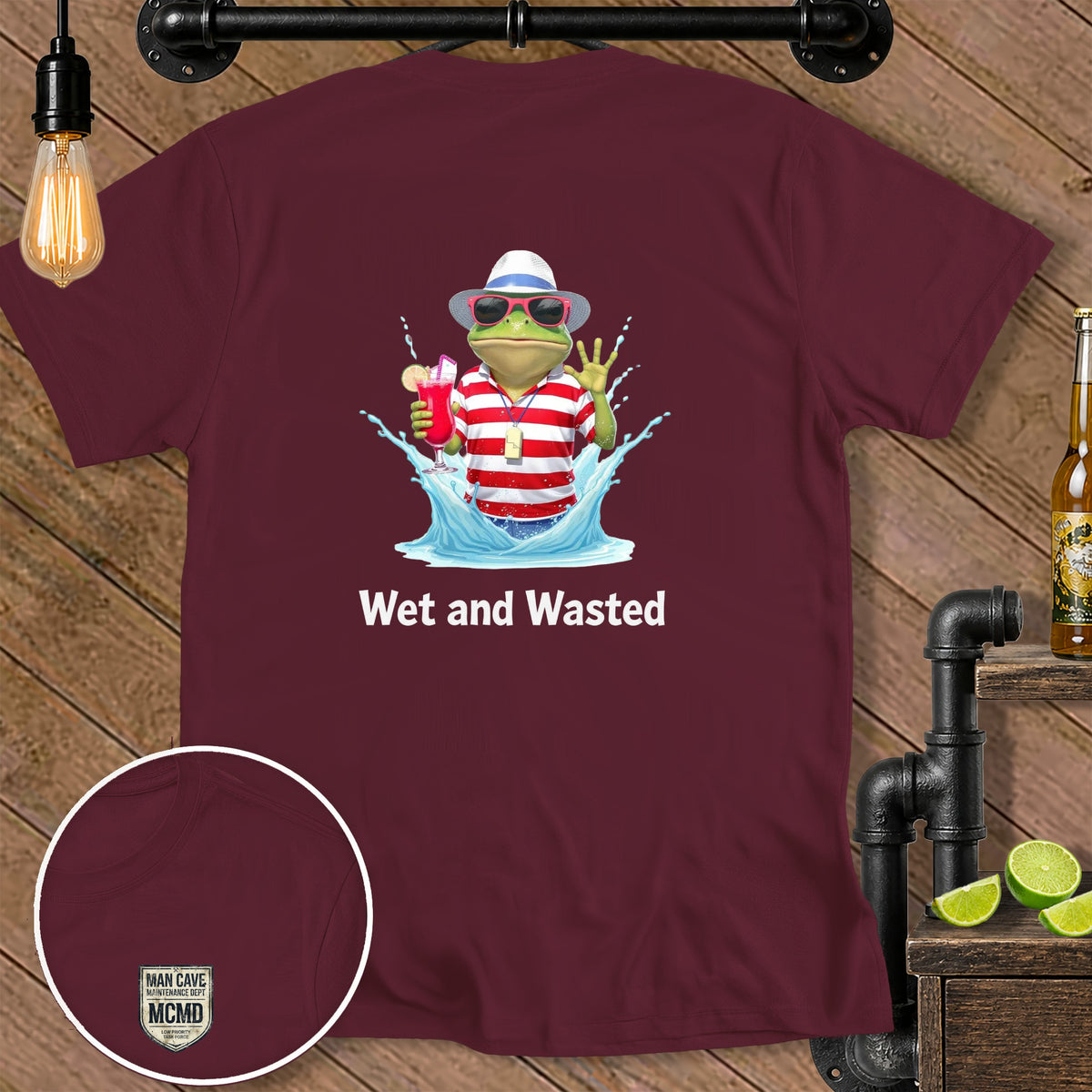 T-shirt with frog character holding a drink and wearing a hat and sunglasses. Text "Wet and Wasted".