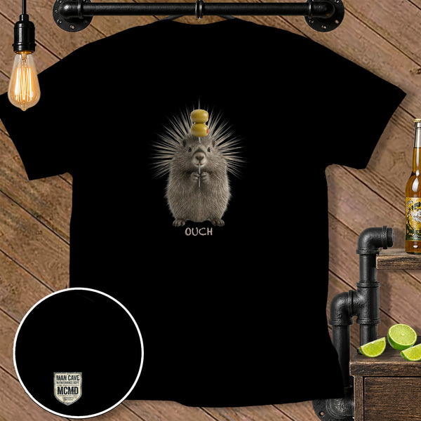 Porcupine with olives on its head and the word "OUCH" below.