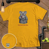 Yellow t-shirt with a cartoon koala in a robe holding a glass of wine and text 