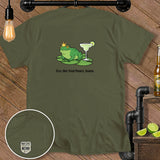Green t-shirt with frog wearing crown, margarita, and text 