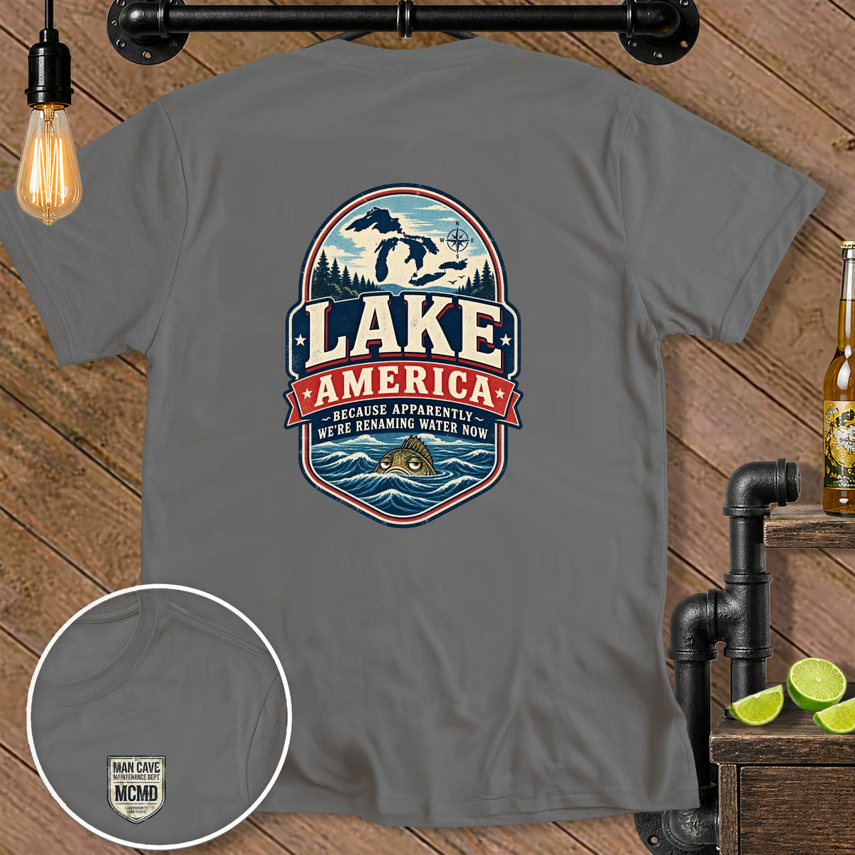 Gray t-shirt with "Lake America" graphic and a fish in water, plus a "Man Cave" logo.