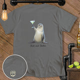 Grey t-shirt with a seal holding a martini, text reads 