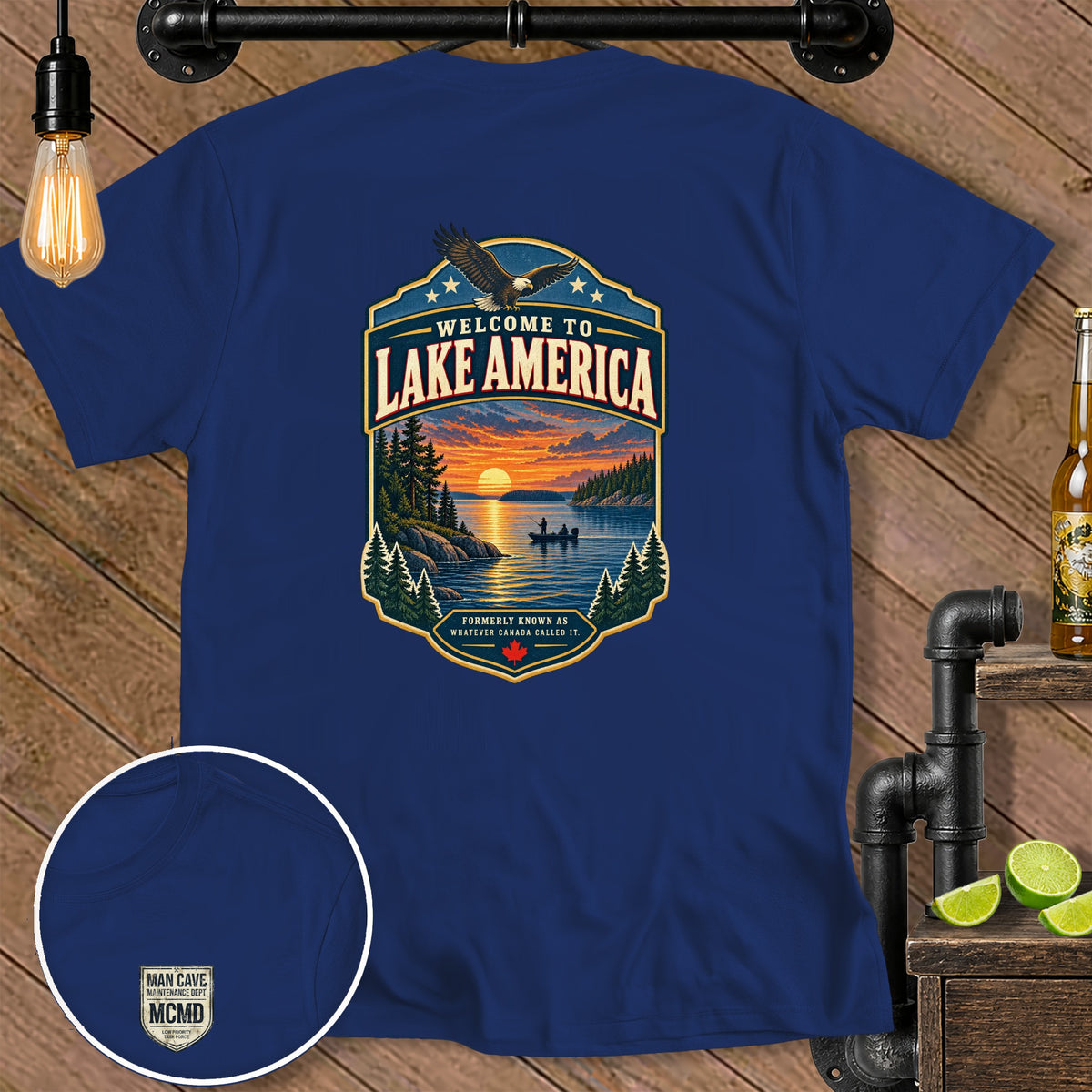 Navy t-shirt with "Welcome to Lake America" crest depicting an eagle and sunset lake scene.