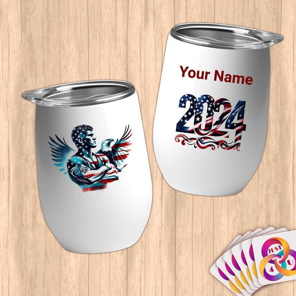 Physical Item 12 oz / White American Eagle Athlete~Limited Edition 2024 "USA Excellence" ~ Customizable 12oz Wine Tumbler with Lid