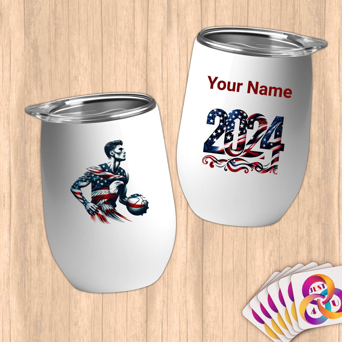 Physical Item 12 oz / White American Eagle Basketball~Limited Edition 2024 "USA Excellence" ~ Customizable 12oz Wine Tumbler with Lid
