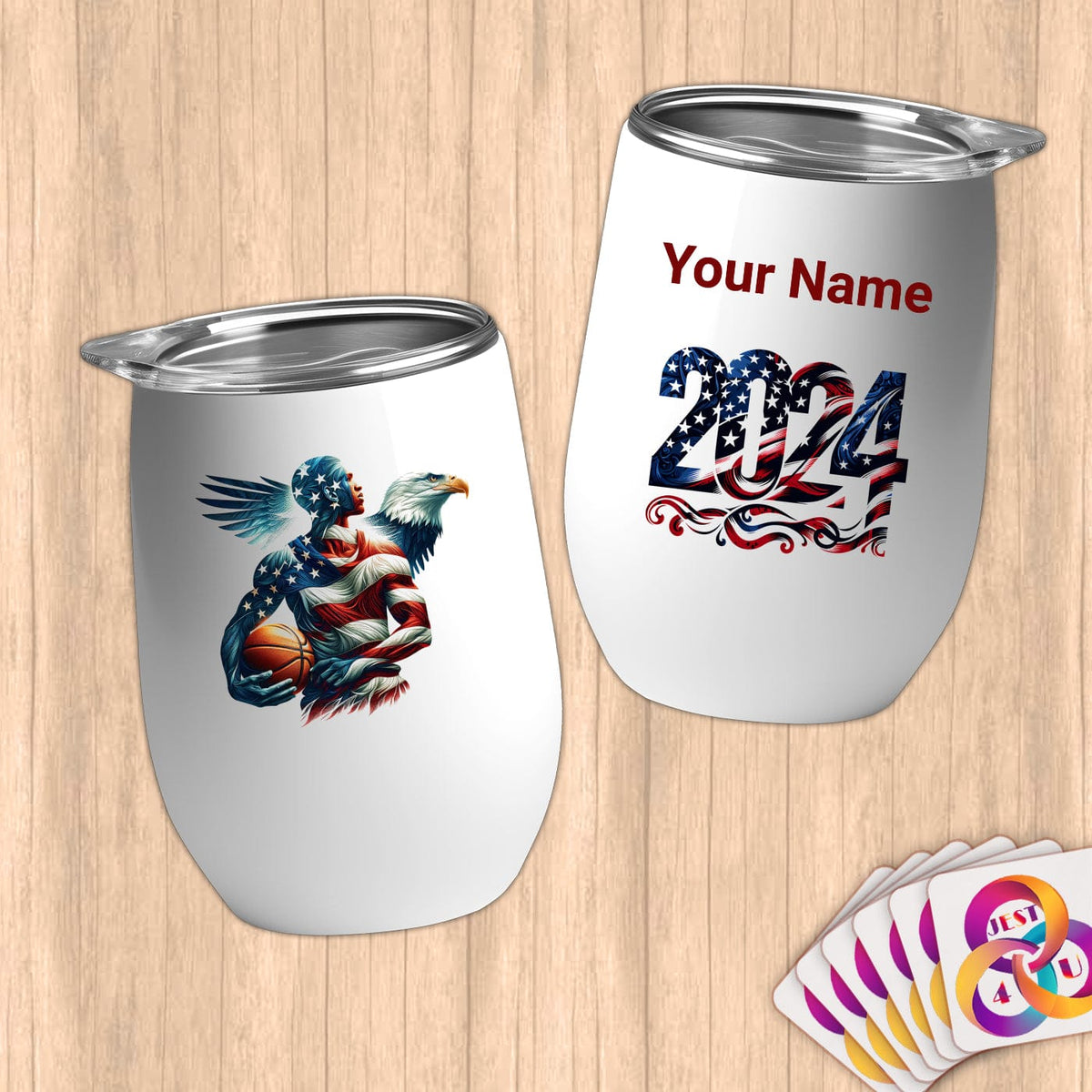 Physical Item 12 oz / White American Eagle Basketball Stars~Limited Edition 2024 "USA Excellence" ~ Customizable 12oz Wine Tumbler with Lid