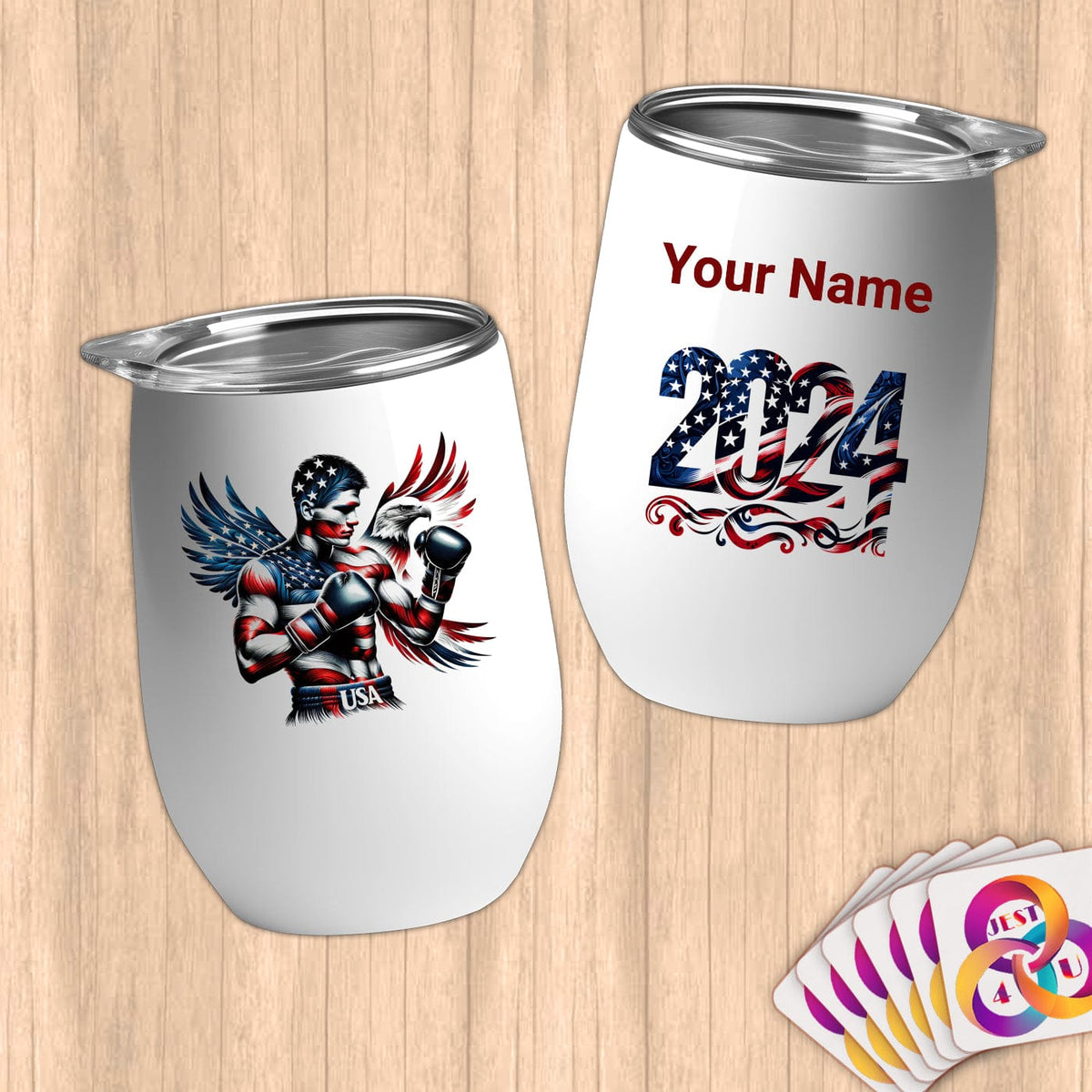 Physical Item 12 oz / White American Eagle Boxer~Limited Edition 2024 "USA Excellence" ~ Customizable 12oz Wine Tumbler with Lid
