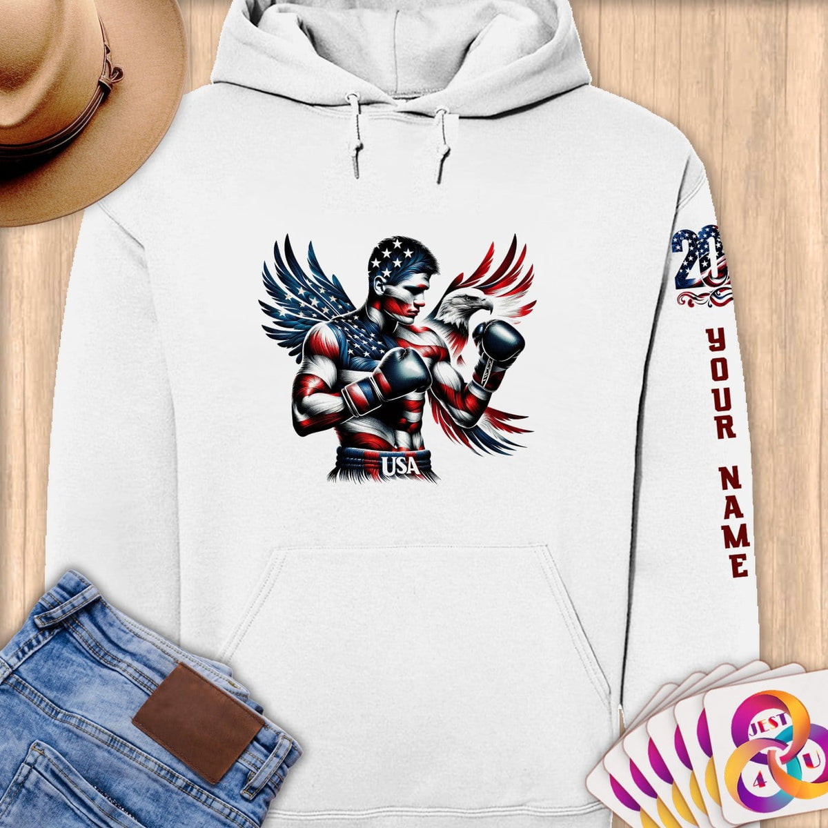 Physical Item S / White American Eagle Boxer~Limited Edition 2024 "USA Excellence" ~ Personalized Premium Hoodie
