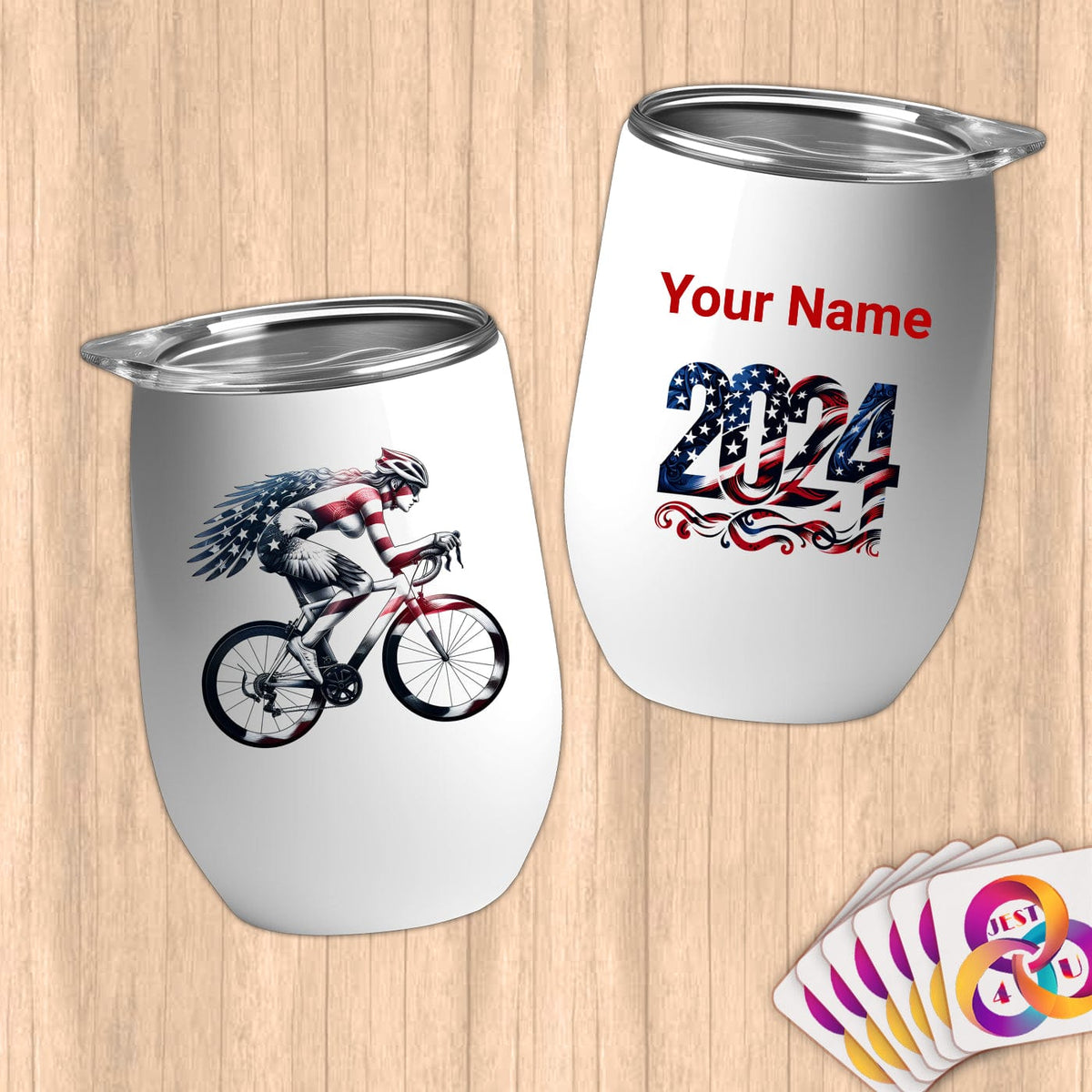 Physical Item 12 oz / White American Eagle Cyclist ~Limited Edition 2024 "USA Excellence" ~ Customizable 12oz Wine Tumbler with Lid