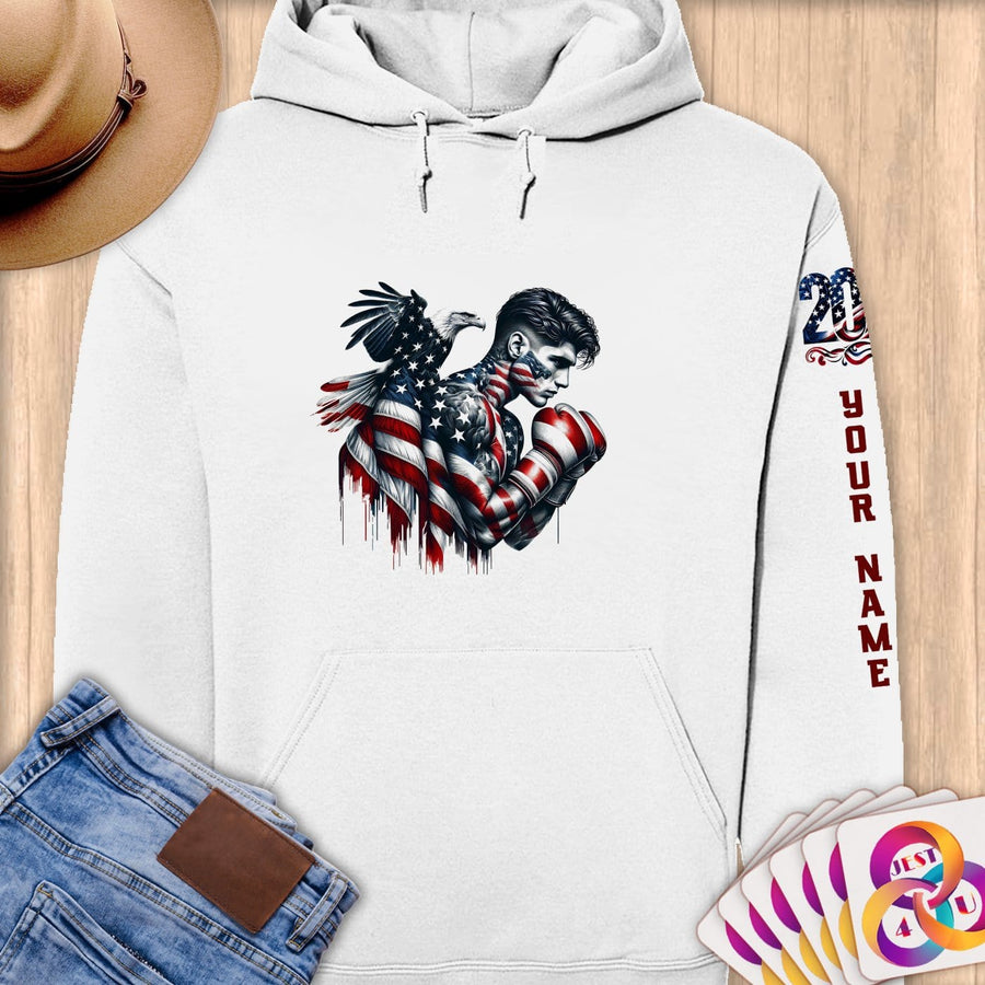 Physical Item S / White American Eagle Flag Boxing~Limited Edition 2024 "USA Excellence" ~ Personalized Premium Hoodie