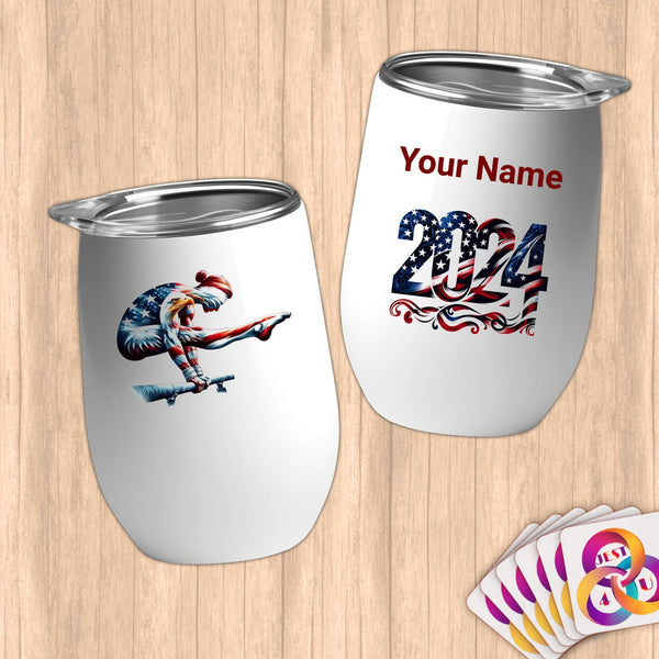 Physical Item 12 oz / White American Eagle Gymnast~Limited Edition 2024 "USA Excellence" ~ Customizable 12oz Wine Tumbler with Lid