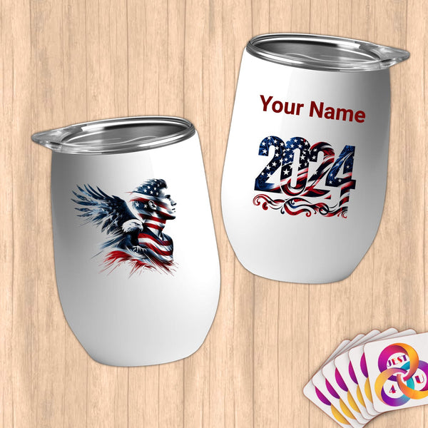 Physical Item 12 oz / White American Eagle Patriotic~Limited Edition 2024 "USA Excellence" ~ Customizable 12oz Wine Tumbler with Lid