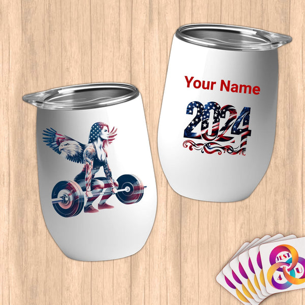 Physical Item 12 oz / White American Eagle Powerlifter ~Limited Edition 2024 "USA Excellence" ~ Customizable 12oz Wine Tumbler with Lid