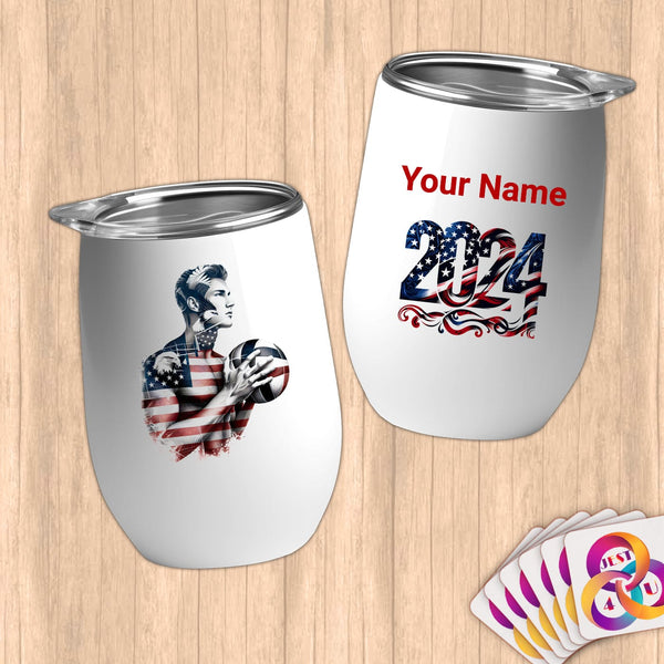 Physical Item 12 oz / White American Eagle Volleyball ~Limited Edition 2024 "USA Excellence" ~ Customizable 12oz Wine Tumbler with Lid