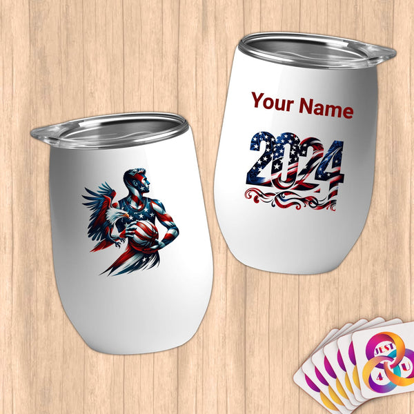 Physical Item 12 oz / White American Flag Basketball Eagle~Limited Edition 2024 "USA Excellence" ~ Customizable 12oz Wine Tumbler with Lid