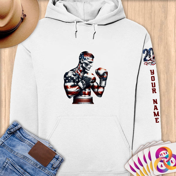 Physical Item S / White American Flag Boxer ~Limited Edition 2024 "USA Excellence" ~ Personalized Premium Hoodie