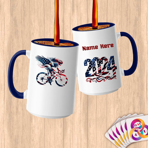 Physical Item 15oz / Blue American Flag Cyclist~Limited Edition 2024 "USA Excellence" ~ Customized Large 15oz Mug