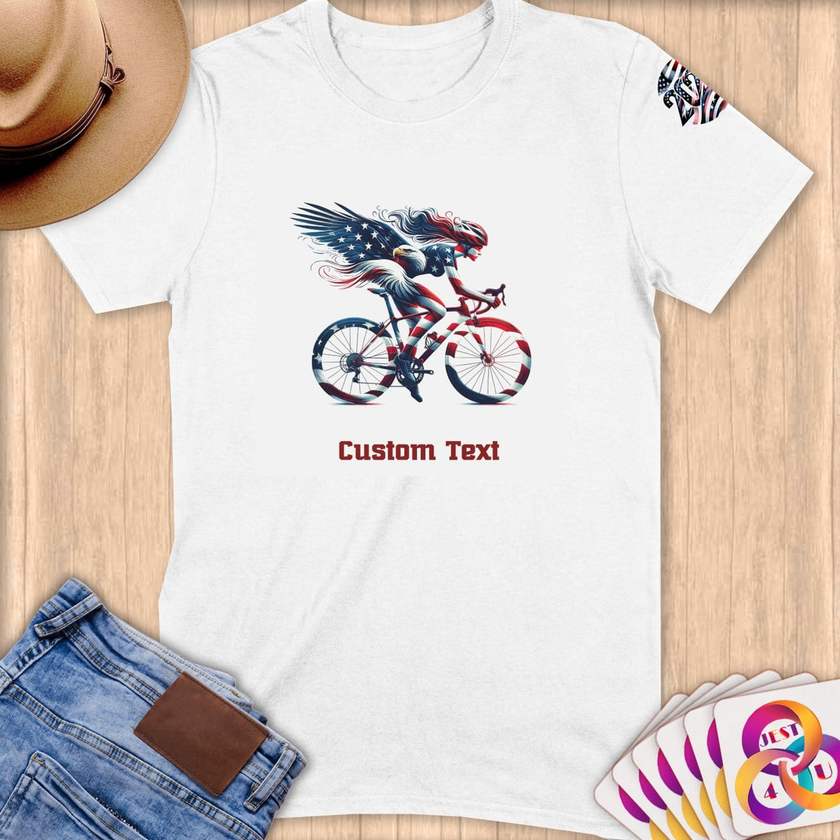 Physical Item S / White American Flag Cyclist~Limited Edition 2024 "USA Excellence" ~ Personalized Softstyle T-Shirt